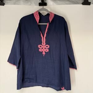 Bella Tu Tunic Blouse Women's Size XL Navy Blue Pink Embroidered 3/4 Sleeve